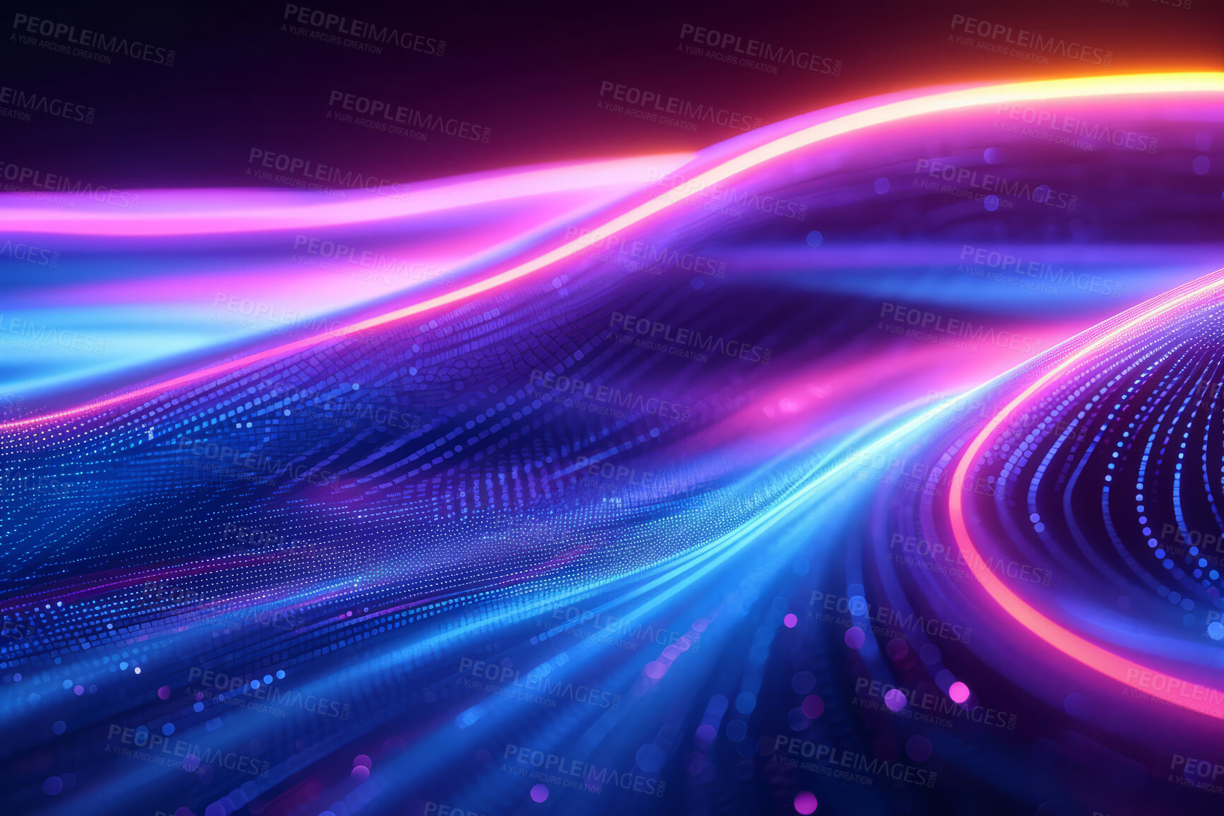 Buy stock photo Neon lines, graphic and background illustration. Wallpaper, futuristic and electrifying designs for digital art, creativity and information technology in mesmerizing style, abstract colour and waves