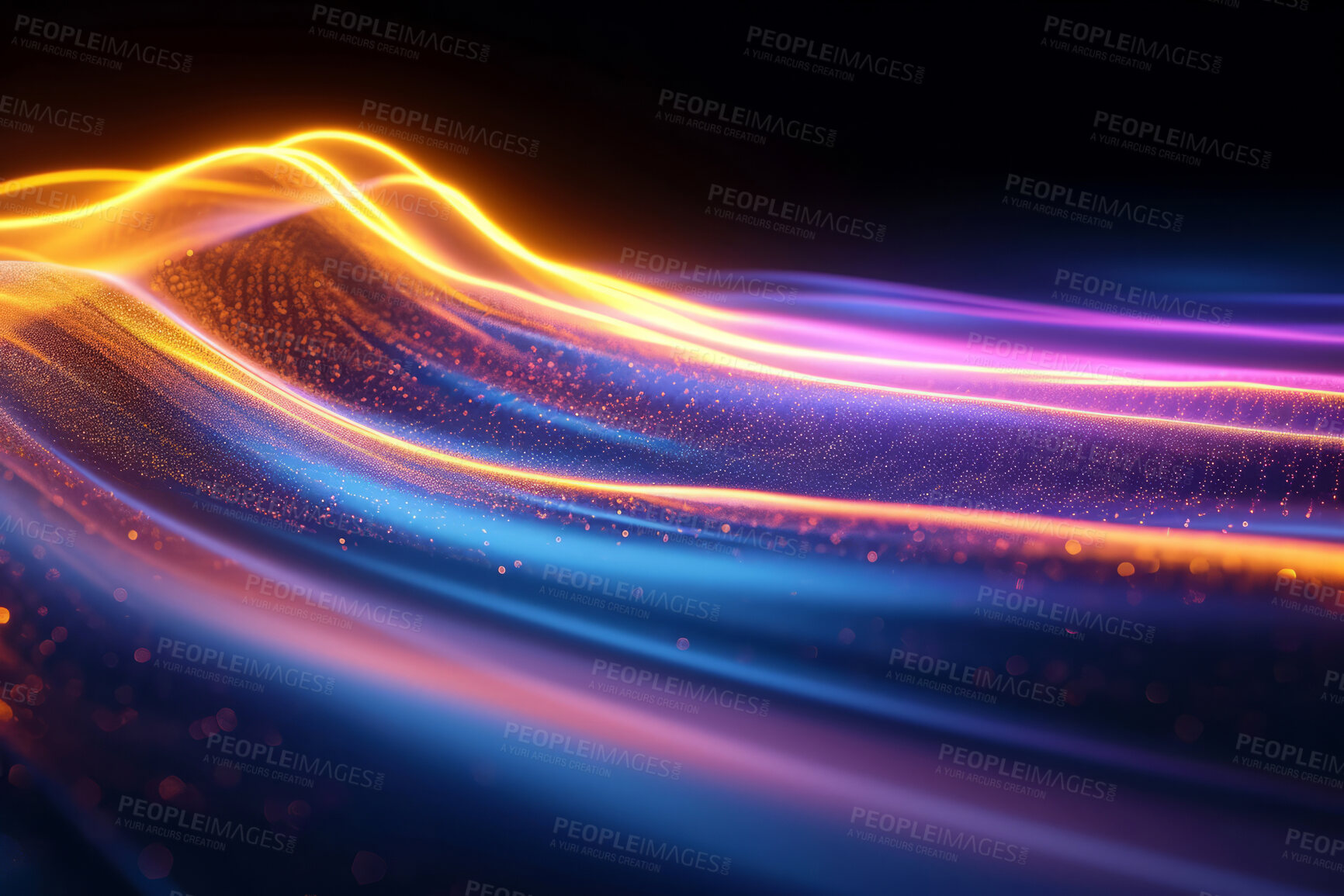 Buy stock photo Neon lines, graphic and background illustration. Wallpaper, futuristic and electrifying designs for digital art, creativity and information technology in mesmerizing style, abstract colour and waves