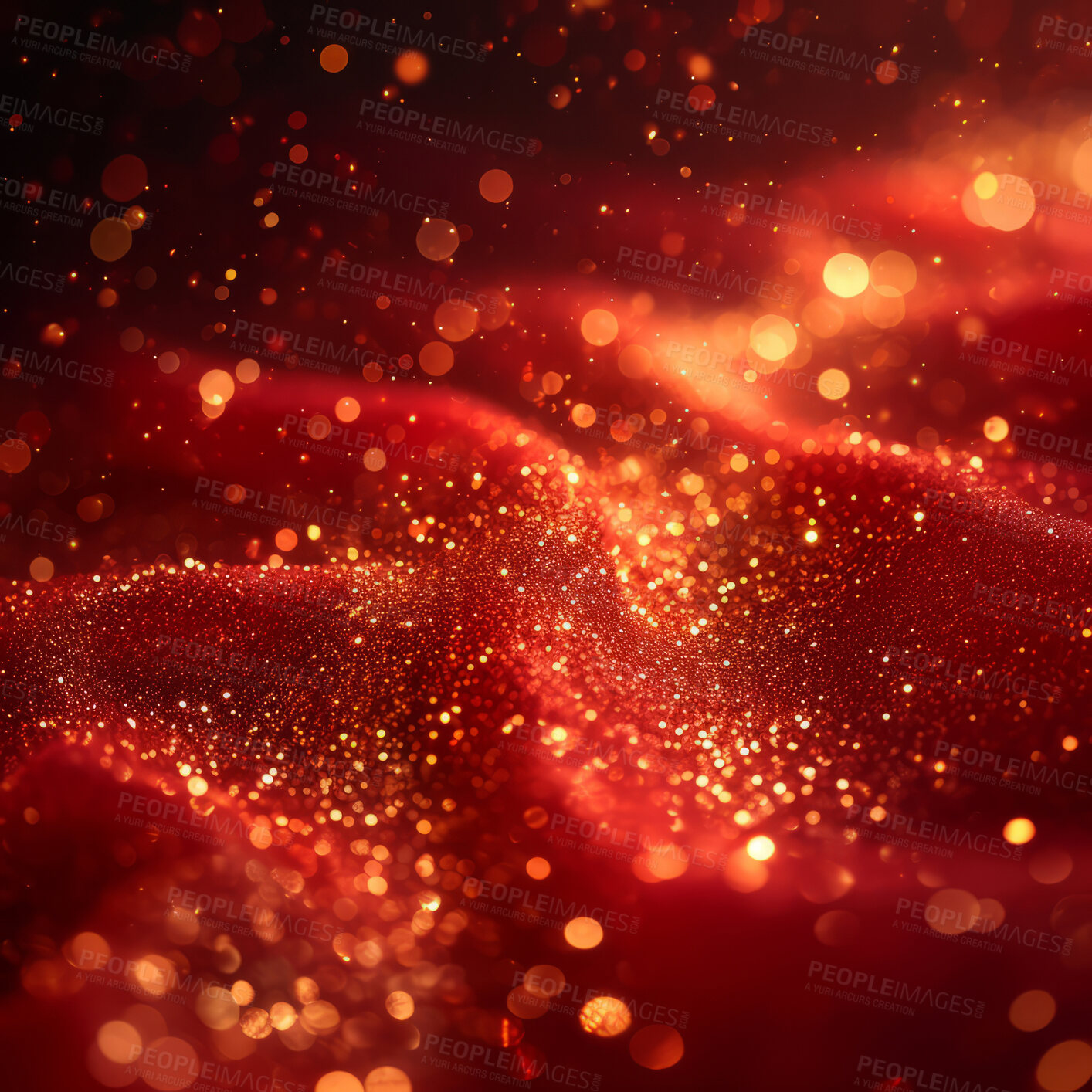 Buy stock photo Abstract red particles, futuristic background and glow with wave surface, wallpaper and smooth designs for digital art, creativity and information technology in elegant style and glossy smooth bokeh