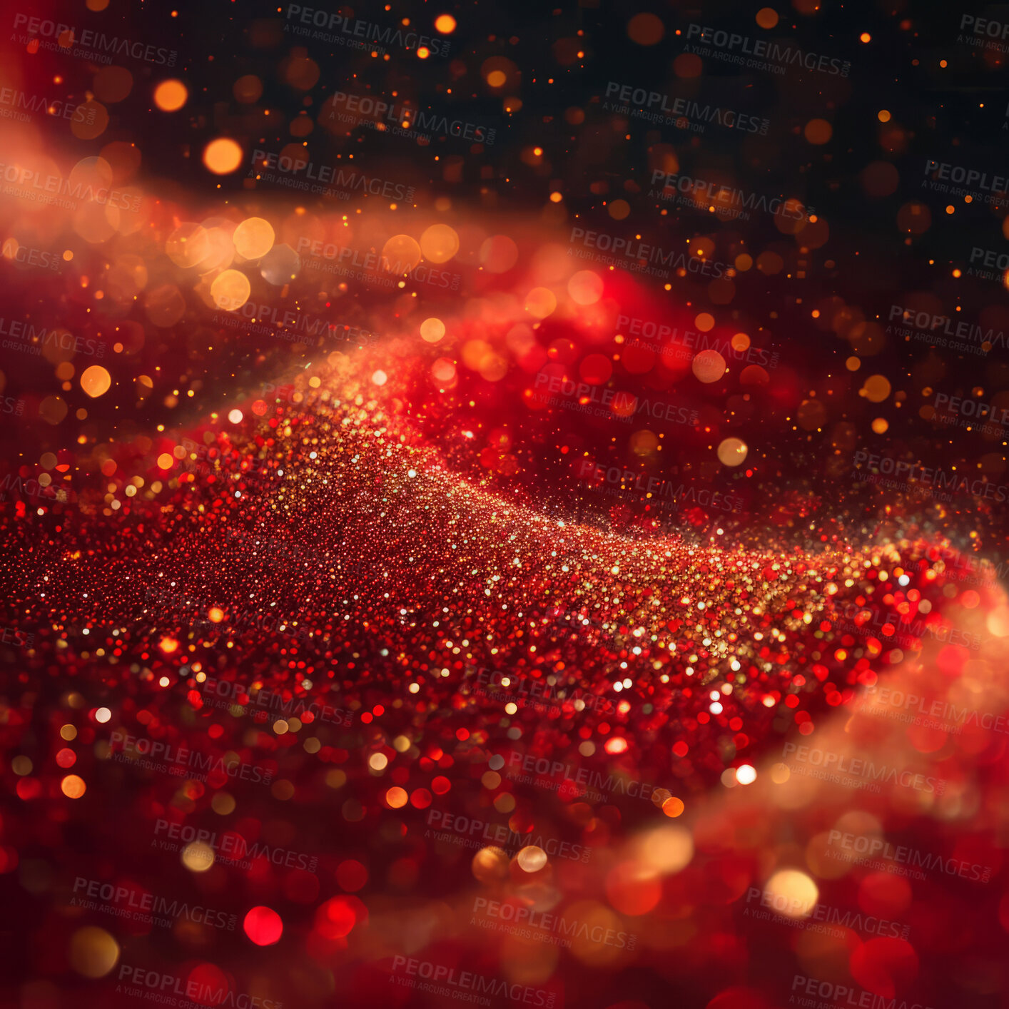 Buy stock photo Abstract red particles, futuristic background and glow with wave surface, wallpaper and smooth designs for digital art, creativity and information technology in elegant style and glossy smooth bokeh