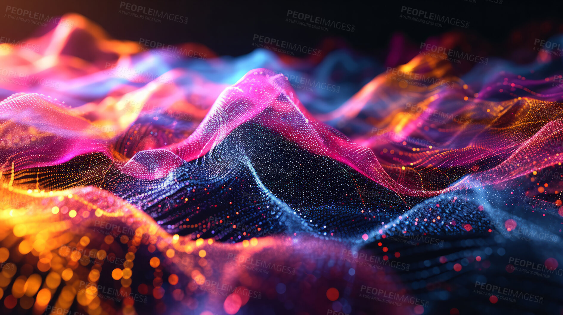 Buy stock photo Abstract, digital and background waves. Wallpaper, futuristic and particles for digital, design and illustrative art with creativity, information technology in mesmerizing style, vibrant colour