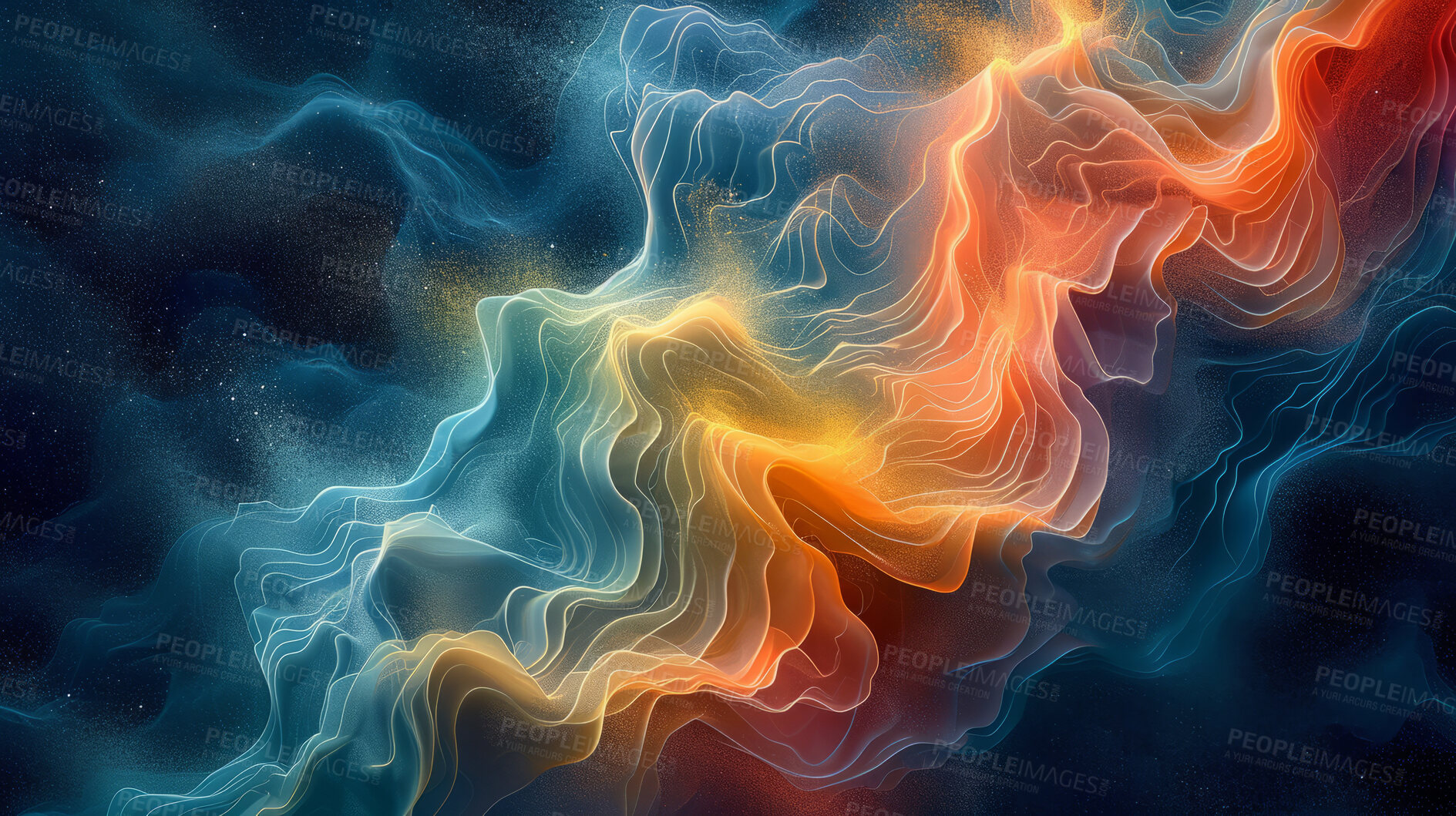 Buy stock photo Abstract, digital and background waves. Wallpaper, futuristic and particles for digital, design and illustrative art with creativity, information technology in mesmerizing style, vibrant colour