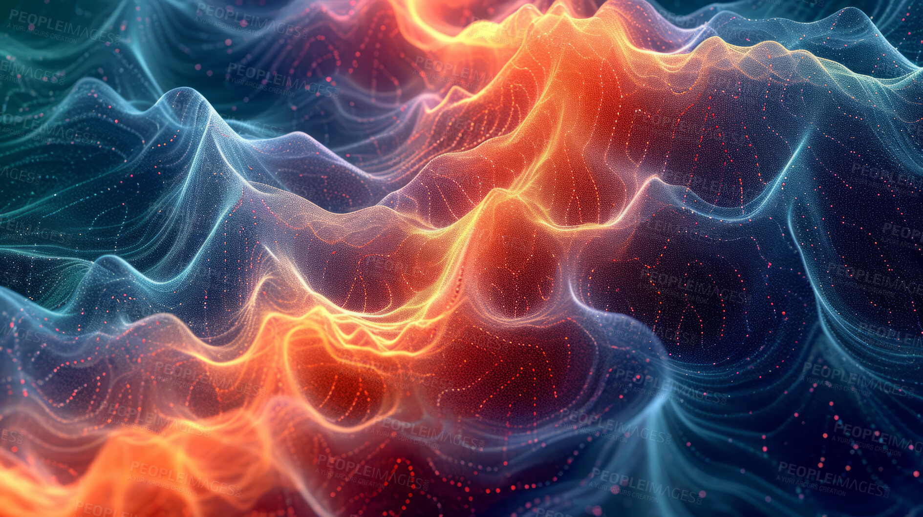 Buy stock photo Abstract, digital and background waves. Wallpaper, futuristic and particles for digital, design and illustrative art with creativity, information technology in mesmerizing style, vibrant colour