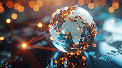 World, geometric and earth for connection, community and society. Map, networking and communication, planet model with decoration, abstract design or geometric link of business and global economy