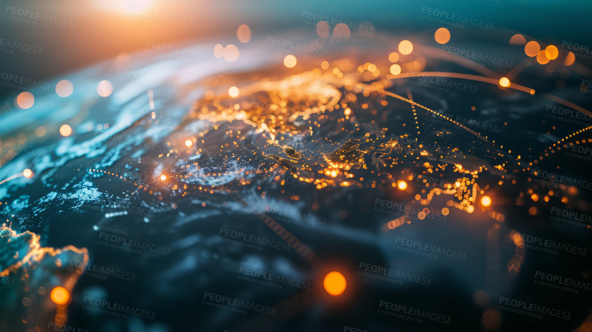 Buy stock photo World, geometric and earth for connection, community and society. Map, networking and communication, planet model with decoration, abstract design or geometric link of business and global economy