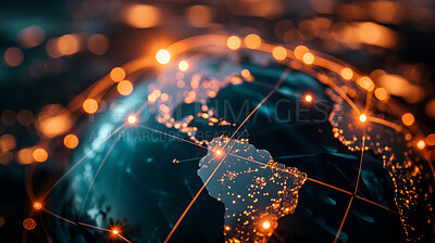 World, geometric and networking grid for connection, community and society. Earth, globalization and abstract ai, planet with lines, abstract design or geometric link of universal software and bokeh