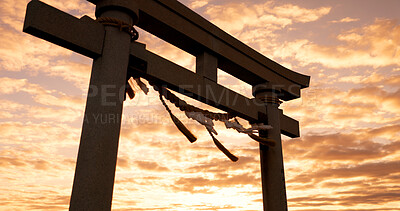 Buy stock photo Torii gate, sunset and cloudy sky with zen, peace and spiritual history on travel adventure in Japan. Shinto architecture, Asian culture and calm nature on Japanese landscape with sacred monument.