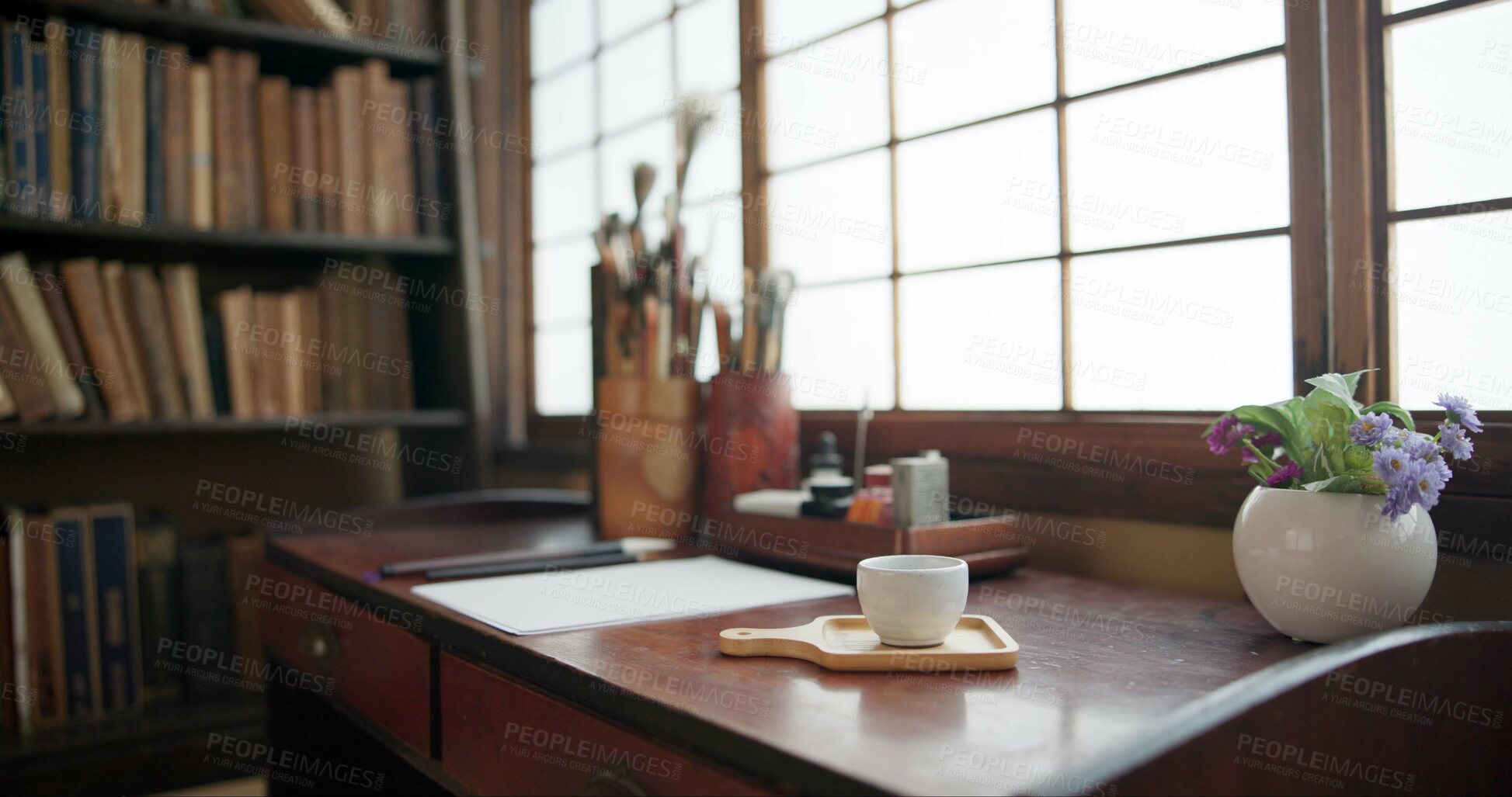 Buy stock photo Paper, Japanese study and art document with a desk for creativity for ancient culture and activity. Temae, paint and zen with ink pot, brushes and pencil for traditional and suibokuga drawing