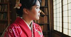 Japan, woman and kimono with relax for tradition, tea ceremony and thinking in Chashitsu room with ideas. Thoughtful, person and vintage dress or fashion for temae, ritual and waiting for hospitality