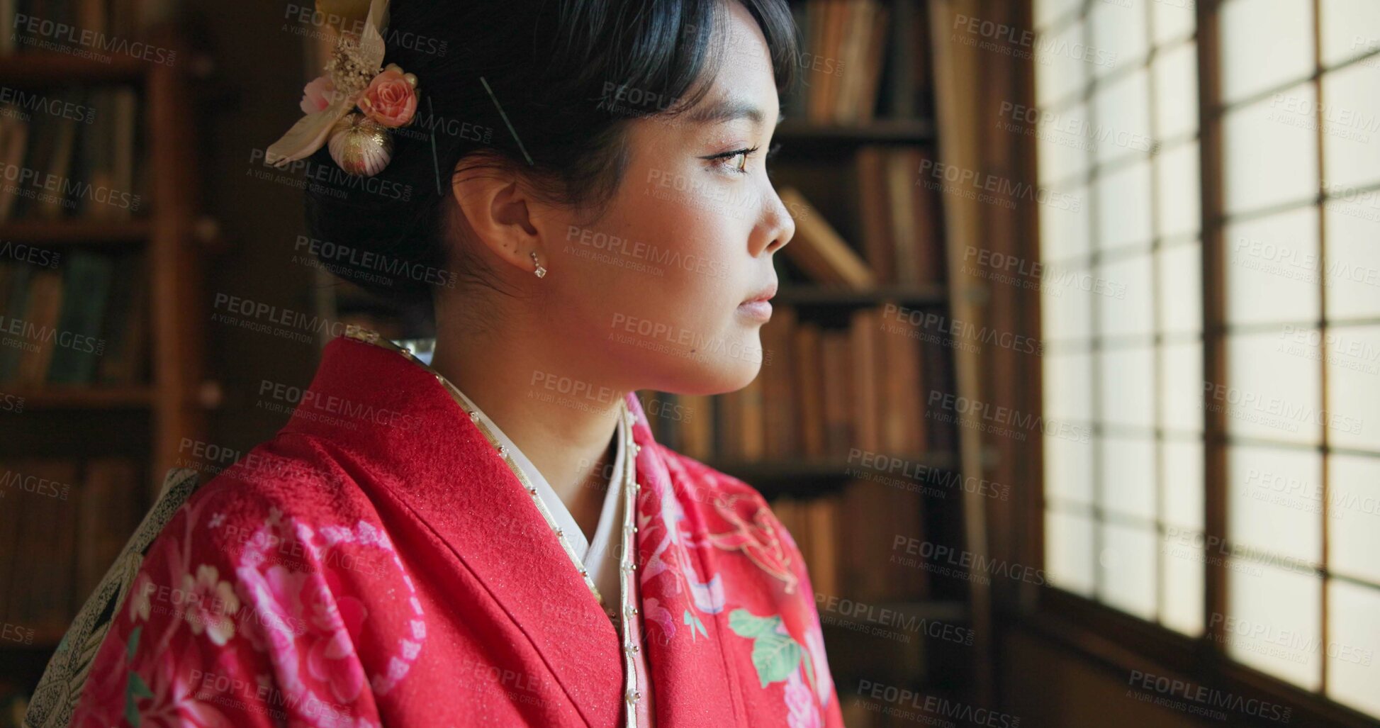 Buy stock photo Japanese, woman and kimono to relax with tradition, tea ceremony and thinking in Chashitsu room with ideas. Thoughtful, person or vintage dress fashion for temae, ritual and waiting for hospitality