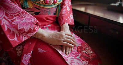 Buy stock photo Closeup, hands together and Japanese woman with traditional clothes and praying with religion. Person, culture and routine with girl or home with outfit and peaceful with stress relief and meditation