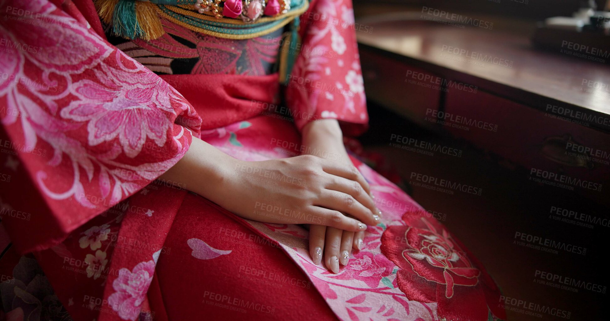 Buy stock photo Closeup, hands together and Japanese woman with traditional clothes and praying with religion. Person, culture and routine with girl or home with outfit and peaceful with stress relief and meditation