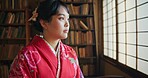 Japanese, woman and kimono with relax for tradition, tea ceremony and thinking in Chashitsu by window. Thoughtful, person and vintage dress or fashion for temae, ritual and waiting for hospitality