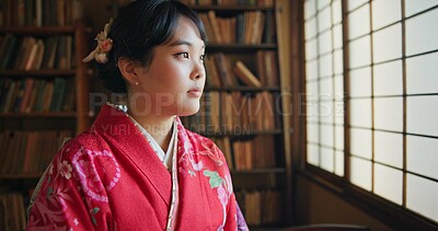 Buy stock photo Japanese, woman and kimono with relax for tradition, tea ceremony and thinking in Chashitsu by window. Thoughtful, person and vintage dress or fashion for temae, ritual and waiting for hospitality