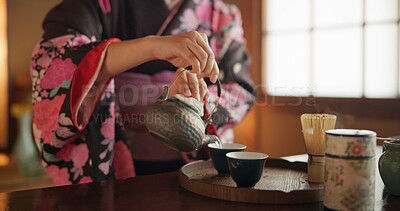 Buy stock photo Japanese, hands and matcha for tea ceremony in Chashitsu room with kimono dress and traditional custom. Person, temae and vintage style outfit for culture, fashion and honor with antique crockery 