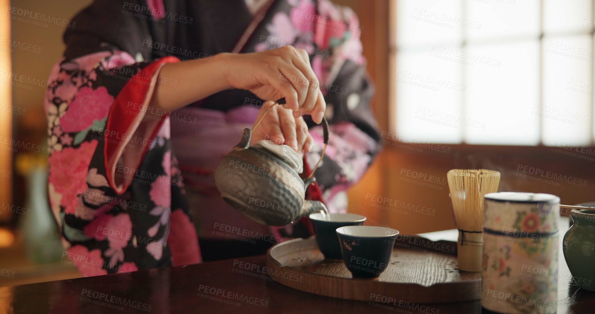 Buy stock photo Japanese, hands and matcha for tea ceremony in Chashitsu room with kimono dress and traditional custom. Person, temae and vintage style outfit for culture, fashion and honor with antique crockery 