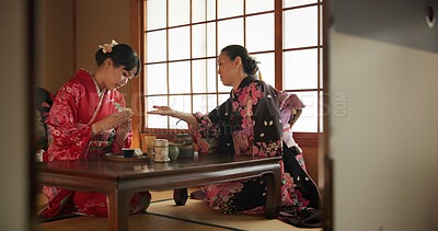 Buy stock photo Traditional, culture and Japanese women with tea in home with herbs, leaves and flavor in teapot. Ritual, indigenous and people with herbal beverage for ceremony, talking and wellness for drinking