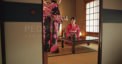 Buy stock photo Japanese, women or matcha tea in kimono for ceremony in Chashitsu room with custom tradition or culture. People, temae and vintage outfit or dress for heritage, respect or pride with serving guest