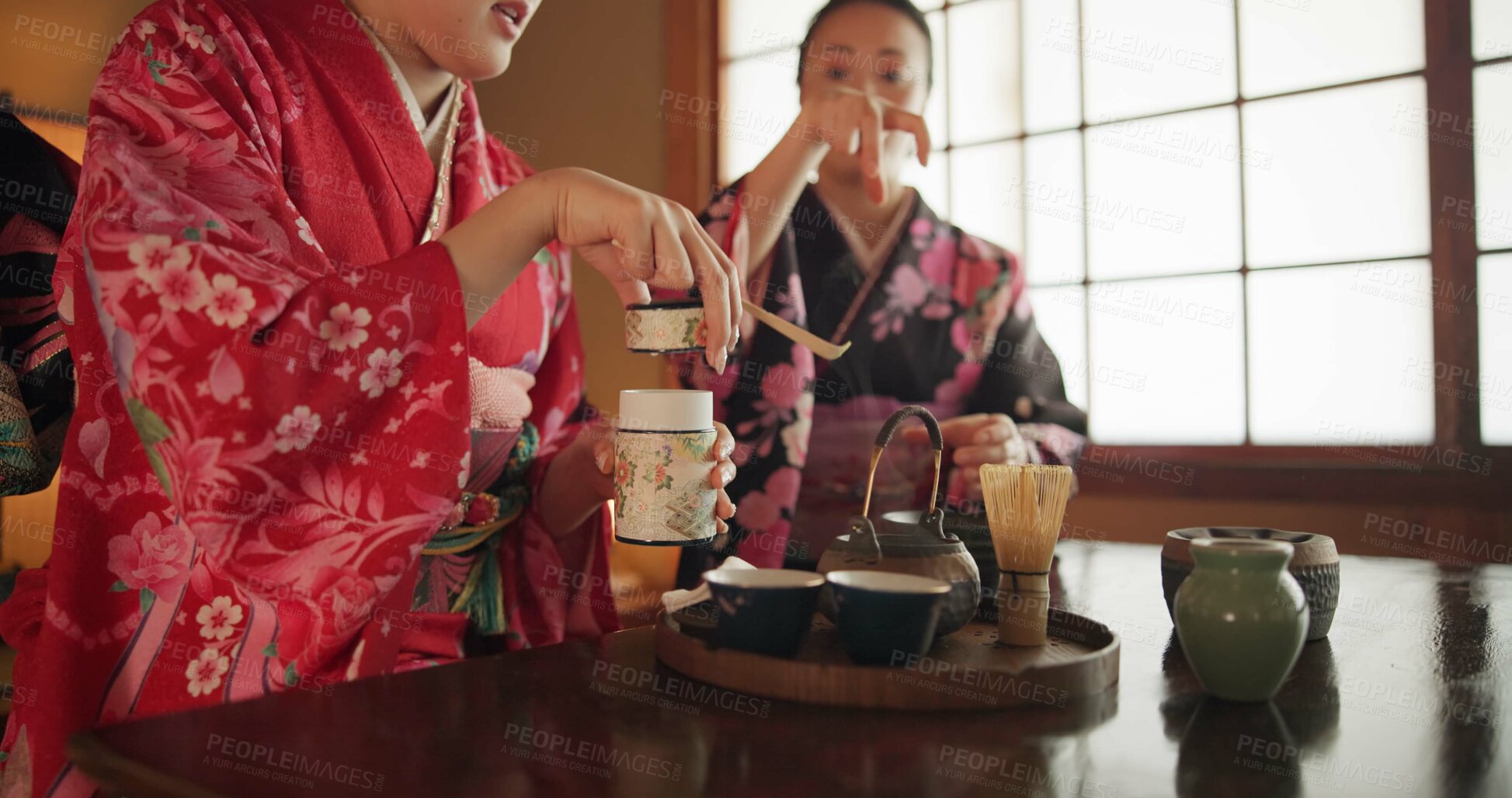 Buy stock photo Japanese, women and kimono for tea ceremony in Chashitsu room with peace or custom tradition. People, temae and vintage style dress or talking with culture, fashion and honor with antique crockery