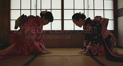 Japan, women or bow in kimono for greeting in tea ceremony or Chashitsu room for custom tradition. People, temae and vintage style outfit or dress for culture, respect or welcome with pride on floor