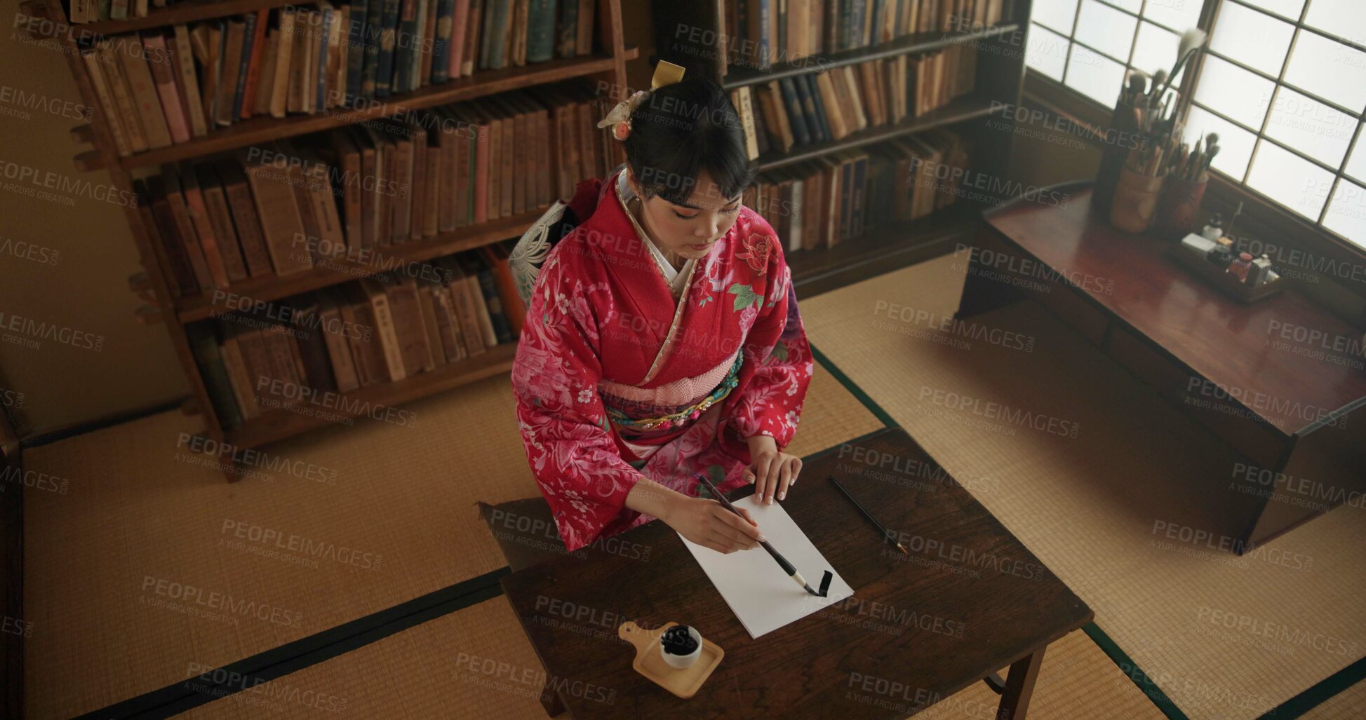 Buy stock photo Home, Japanese woman and writing with inspiration, thinking and brainstorming with peace. Apartment, girl and person with a book and author with ideas and planning with decision and creativity