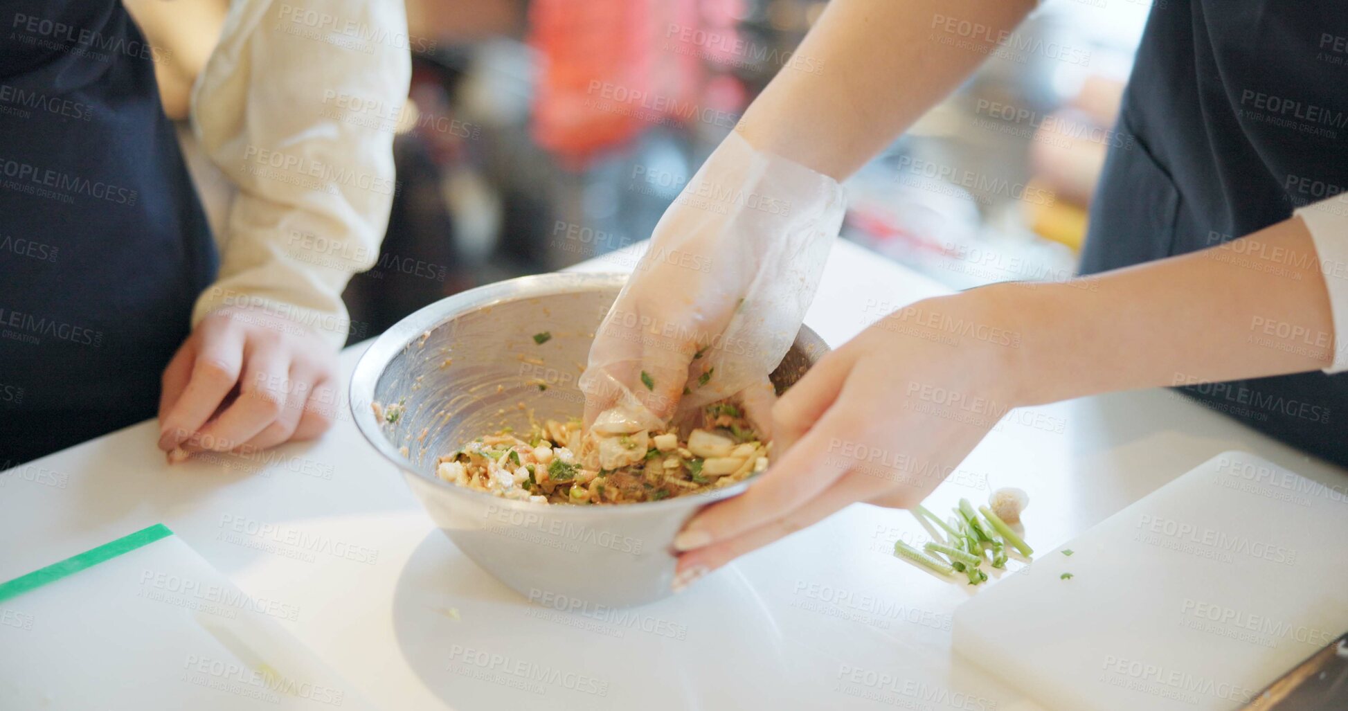 Buy stock photo Chef hands, cooking and food in restaurant with bowl, vegetables and prepare ingredients for nutrition. People, working and catering service for diet at cafeteria with meal, dinner or lunch on table