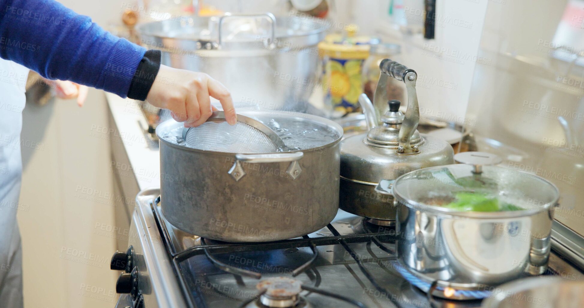 Buy stock photo Cooking, kitchen and hands of person with pot in boiling water for lunch, meal preparation and dinner. Steam, cuisine and traditional dish, ingredients and food for wellness, diet and nutrition