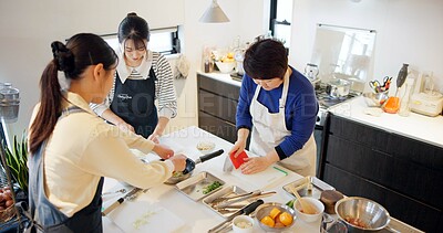 Buy stock photo Japan, women and cooking in kitchen with preparation for food, Japanese cuisine and healthy meal in restaurant. Chef, people and traditional lunch with protein or vegetables for dinner and culture 