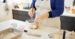 Cooking class, restaurant and hands with Japanese food in a kitchen with chef and learning professional skill. Student, ramen and Asian cuisine course with person together working in a bowl with soya