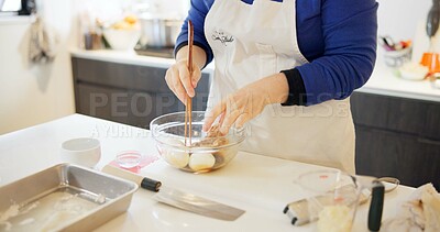 Buy stock photo Cooking class, restaurant and hands with Japanese food in a kitchen with chef and learning professional skill. Student, ramen and Asian cuisine course with person together working in a bowl with soya