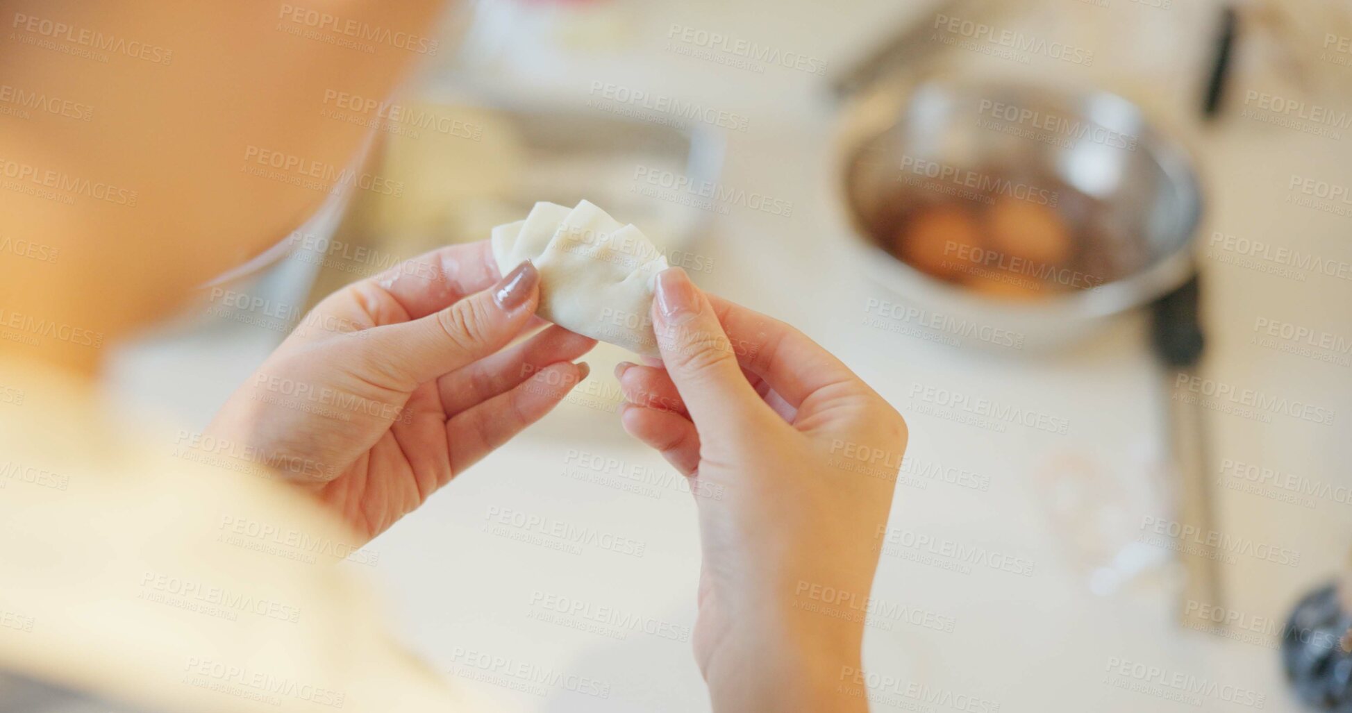 Buy stock photo Japan, hands and dumplings in kitchen for dinner, brunch and traditional meal in restaurant or cafe. Culture, gyozo and asian cuisine for nutrition, healthy diet and lunch with preparation or pastry 