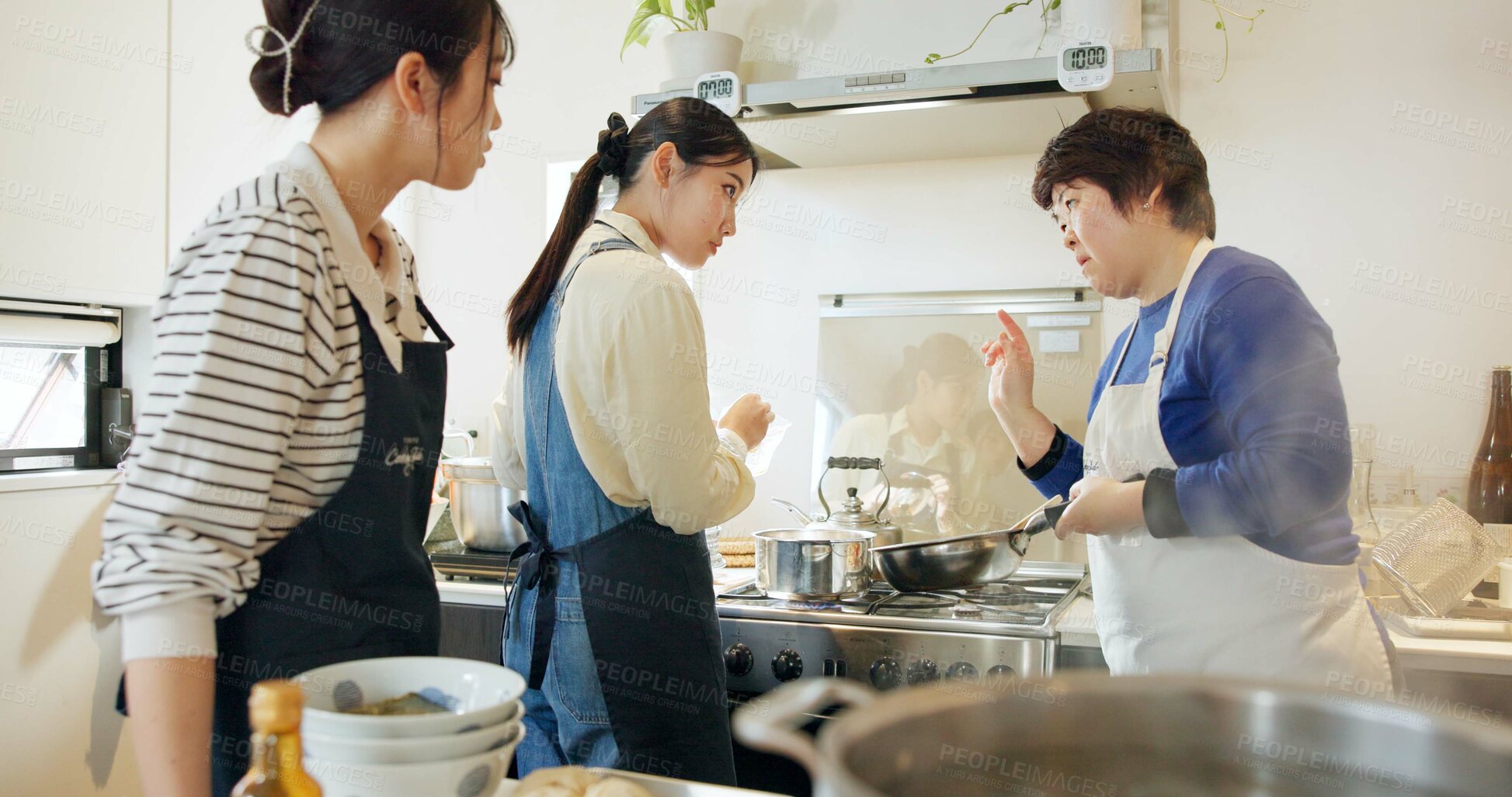 Buy stock photo Japan, chef and cooking in kitchen with preparation for food, Japanese cuisine and healthy meal in restaurant. Women, people and traditional lunch with mentor or learning for dinner and culture