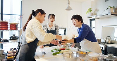 Buy stock photo Japan, women and cooking in kitchen with teaching for recipe, Japanese cuisine and healthy meal in restaurant. Chef, people and traditional lunch with learning or instruction for dinner and culture