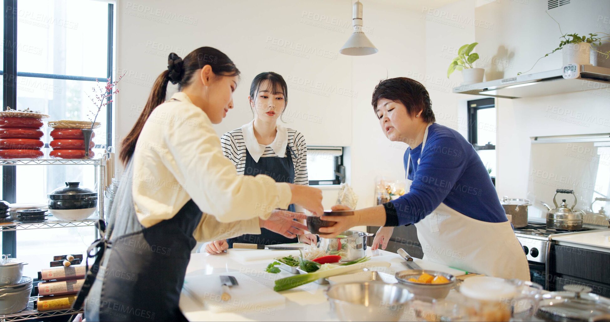 Buy stock photo Japan, women and cooking in kitchen with teaching for recipe, Japanese cuisine and healthy meal in restaurant. Chef, people and traditional lunch with learning or instruction for dinner and culture