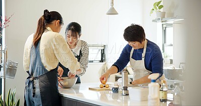 Buy stock photo Japan, women and cooking in kitchen with teaching for recipe, Japanese cuisine and healthy meal in restaurant. Chef, people and traditional lunch with learning or preparation for dinner and culture