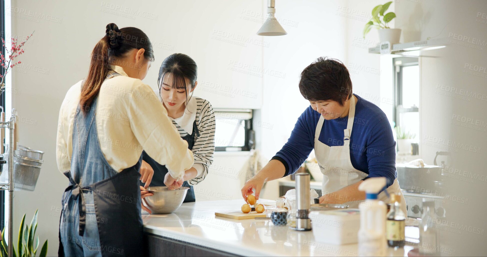 Buy stock photo Japan, women and cooking in kitchen with teaching for recipe, Japanese cuisine and healthy meal in restaurant. Chef, people and traditional lunch with learning or preparation for dinner and culture