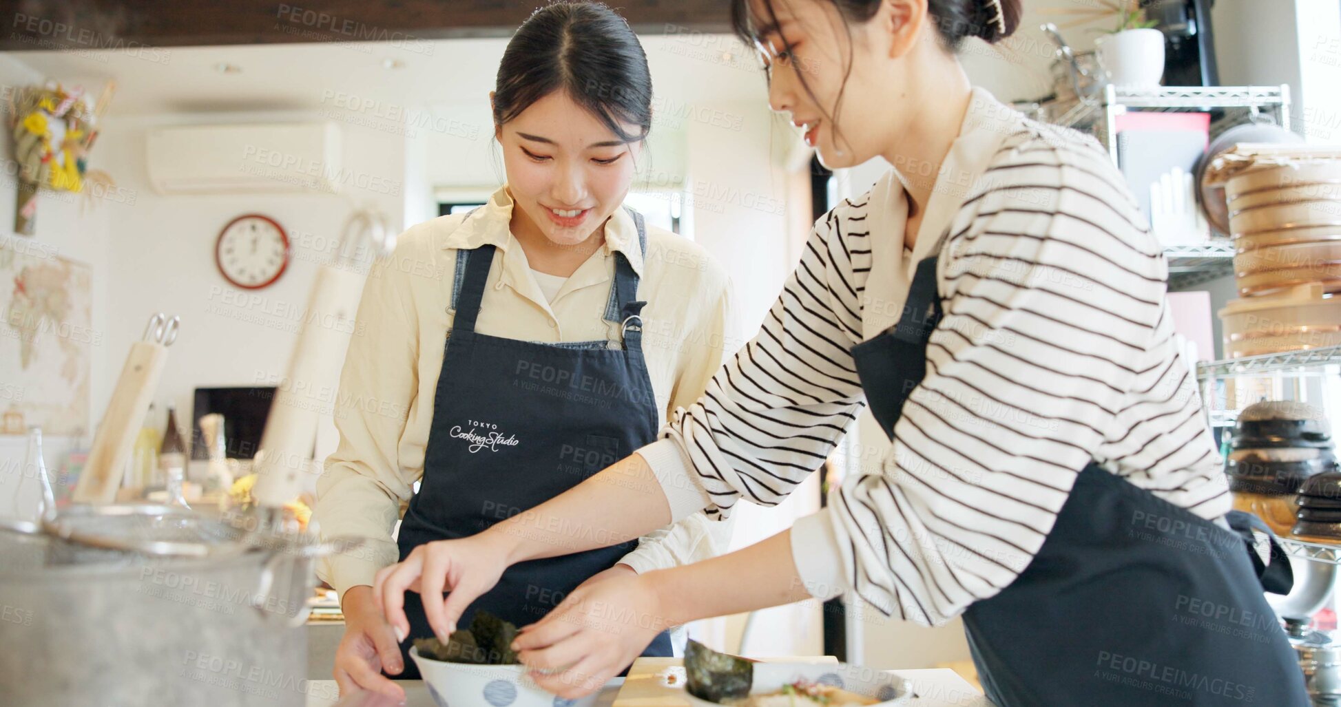 Buy stock photo Japan, women and chef in kitchen with preparation for food, Japanese cuisine and healthy meal in restaurant. Cooking, people and traditional lunch with happiness or bowl for dinner and culture