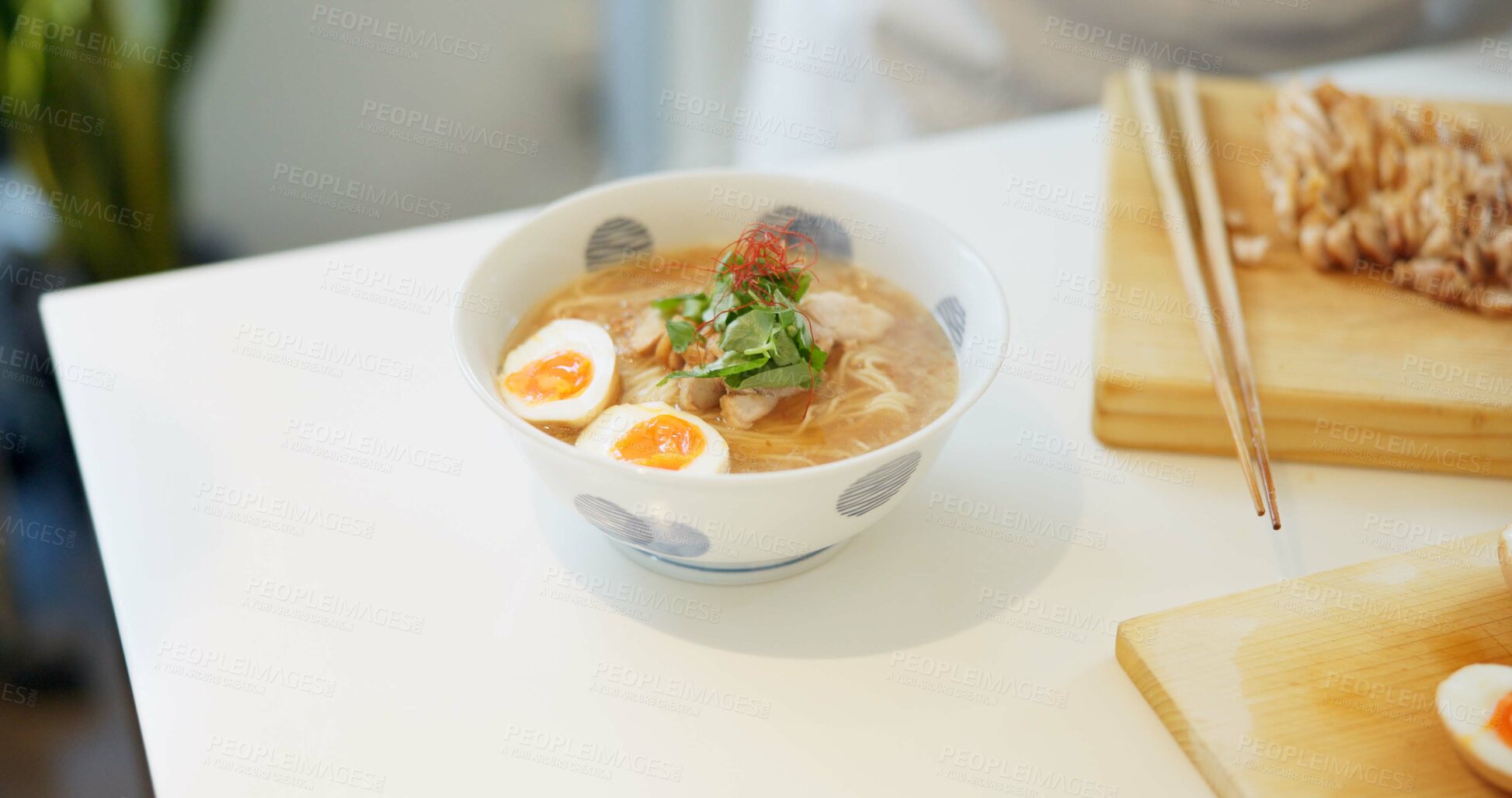 Buy stock photo Ramen noodles, eggs and chopsticks on table in restaurant for lunch, meal or diet in plate. Bowl, food and nutrition with soup in cafeteria with catering service for dinner, snack or health in Tokyo