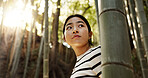 Nature, bamboo and Japanese woman in forest for adventure on holiday, vacation and morning in woods. Travel, happy and person with natural plants in woods for explore, walking and freedom in Kyoto