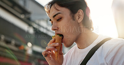 Buy stock photo Ice cream, travel and man in Japanese city on vacation, holiday and adventure in Yokohama town. Summer, weekend trip and person with dessert, sweet snack and cone in street for tourism destination