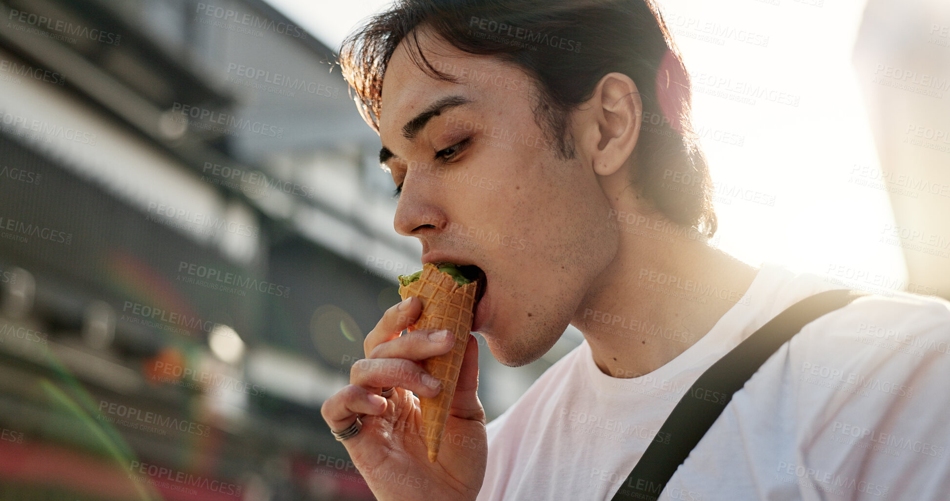 Buy stock photo Ice cream, travel and man in Japanese city on vacation, holiday and adventure in Yokohama town. Summer, weekend trip and person with dessert, sweet snack and cone in street for tourism destination