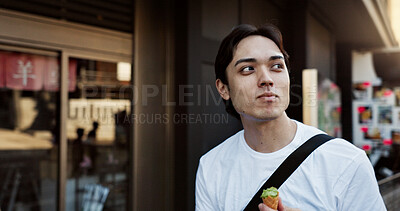 Buy stock photo Walking, travel and Japanese man with ice cream in city on vacation, holiday and adventure in Yokohama town. Summer, weekend trip and person with dessert, sweet snack and cone for tourism destination