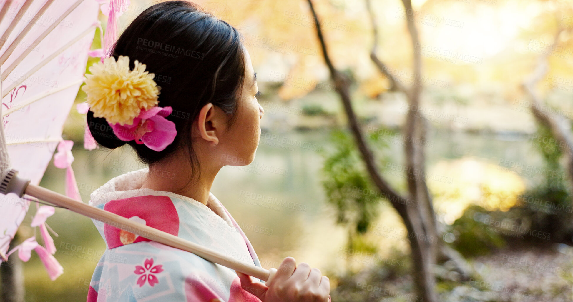 Buy stock photo Nature, traditional and Japanese woman in park for thinking, fresh air and relax with umbrella outdoors. Travel, culture and person in indigenous clothes, style and kimono on holiday, calm and peace