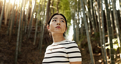 Nature, thinking and Japanese woman in bamboo forest for adventure on holiday, vacation and morning. Travel, happy and person with plants in natural woods for explore, walking and freedom in Kyoto