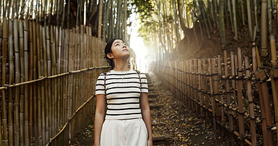 Buy stock photo Nature, bamboo path and Japanese woman for hiking on holiday, vacation and morning in outdoor woods. Thinking, relax and person in forest, track and trail to explore, walking and adventure in Kyoto