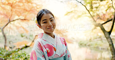 Buy stock photo Nature, culture and portrait of Japanese woman in park for wellness, fresh air and relax outdoors. Travel, traditional and person in indigenous clothes, fashion and kimono for zen, peace and calm