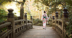 Bridge, culture and Japanese woman in park for wellness, fresh air and walking in nature. Travel, traditional and person in indigenous clothes, fashion and kimono outdoors for zen, calm and peace