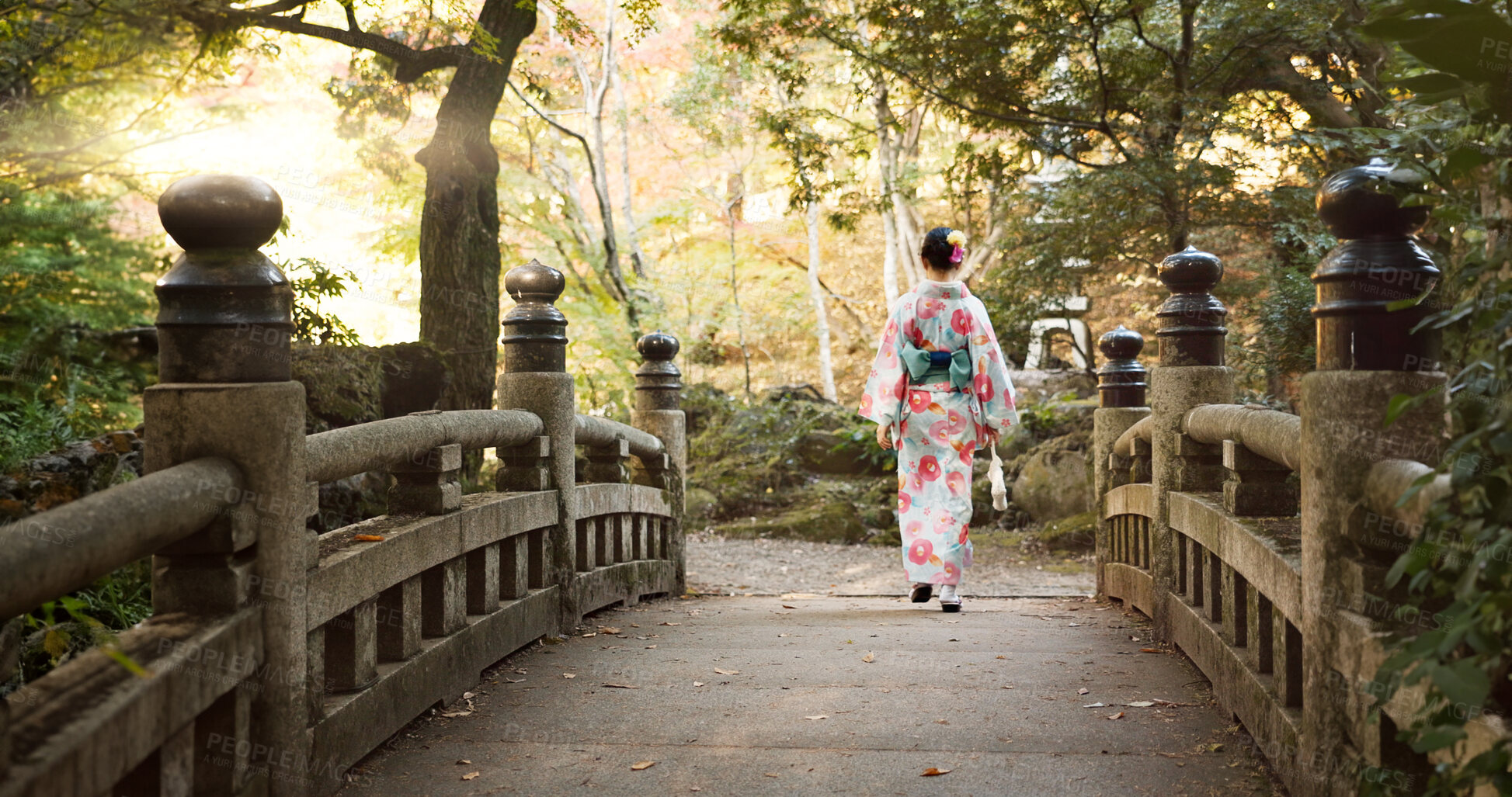 Buy stock photo Bridge, culture and Japanese woman in park for wellness, fresh air and walking in nature. Travel, traditional and person in indigenous clothes, fashion and kimono outdoors for zen, calm and peace