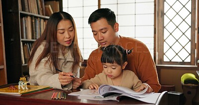 Buy stock photo Japanese family, education and learning for school with homework in living room of apartment. Study, growth or child development with student girl, mother and father in home together for knowledge