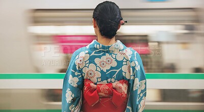 Buy stock photo Woman, japan and train station, kimono and travel with public transport, metro bullet in city. Person, journey or traditional clothes in motion blur on weekend or commute in tokyo on adventure